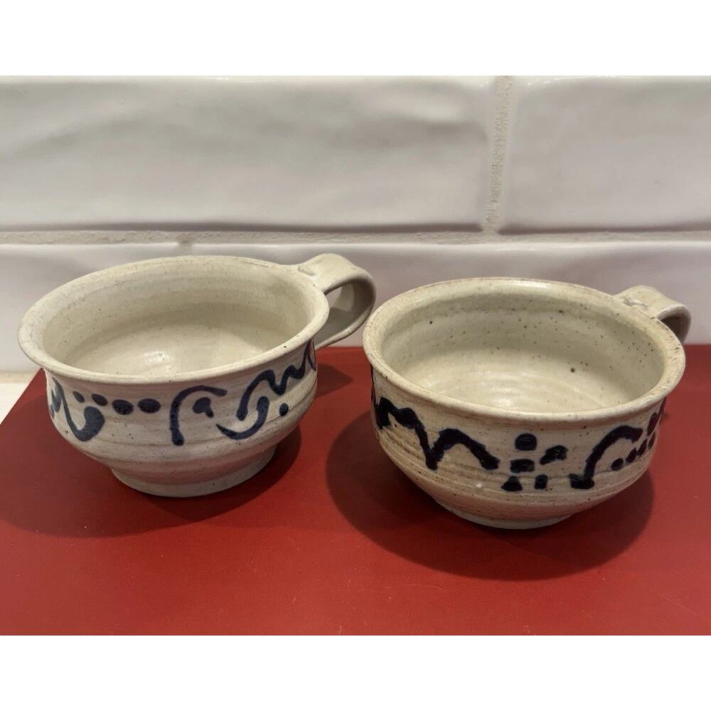 Cobble Hill Pottery Set Of 2 Stoneware Soup Bowls Speckled Blue Abstract Design - Picture 2 of 9